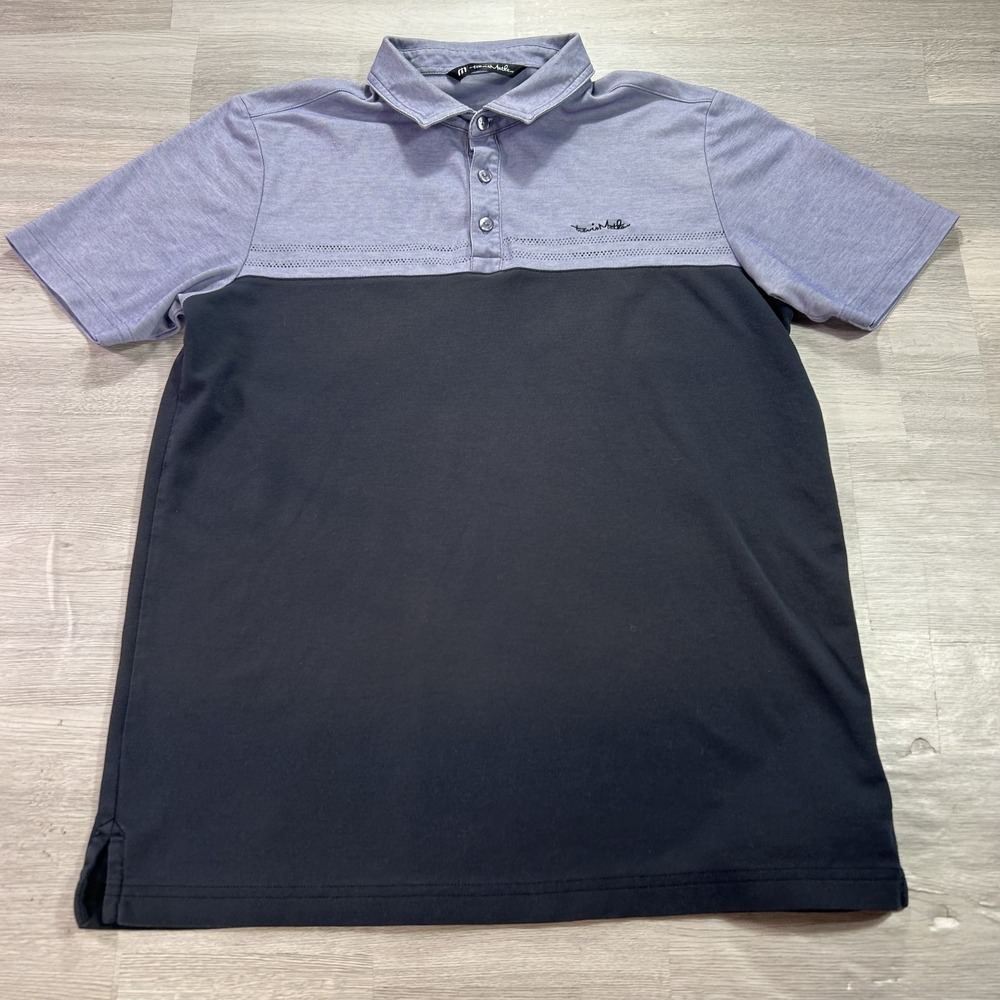 Travis Mathew Polo Shirt Mens Medium Black Gray Colorblock Golf Performance